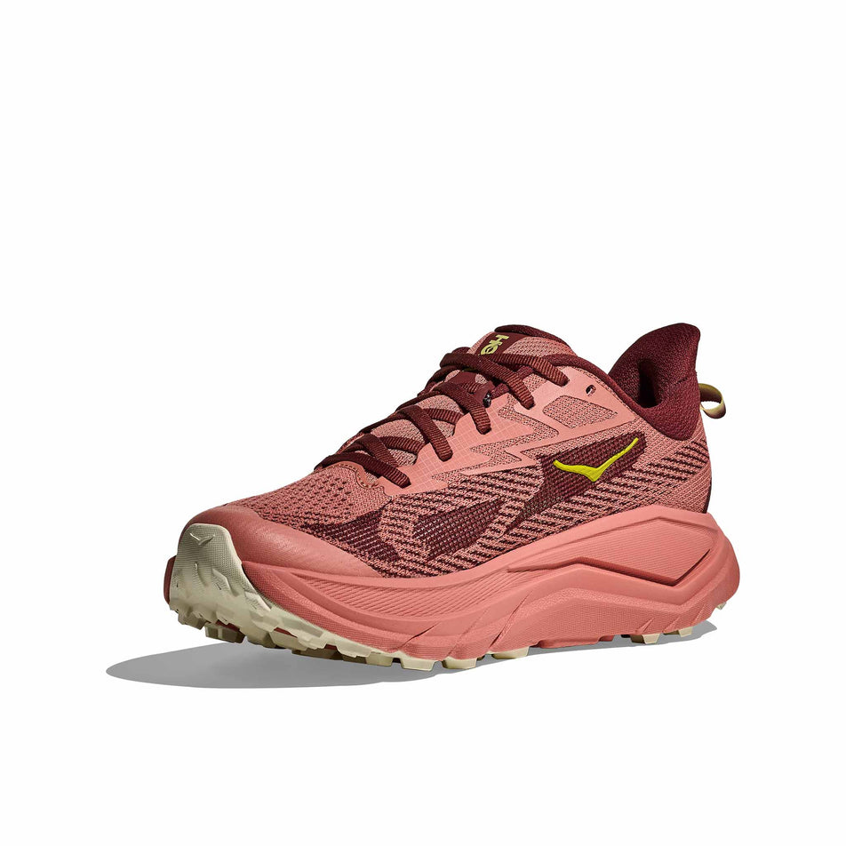 Medial view of the right shoe from a pair of HOKA Women's Challenger 8 Running Shoes in the Blush/Dark Cedar colourway. (8689379344546)