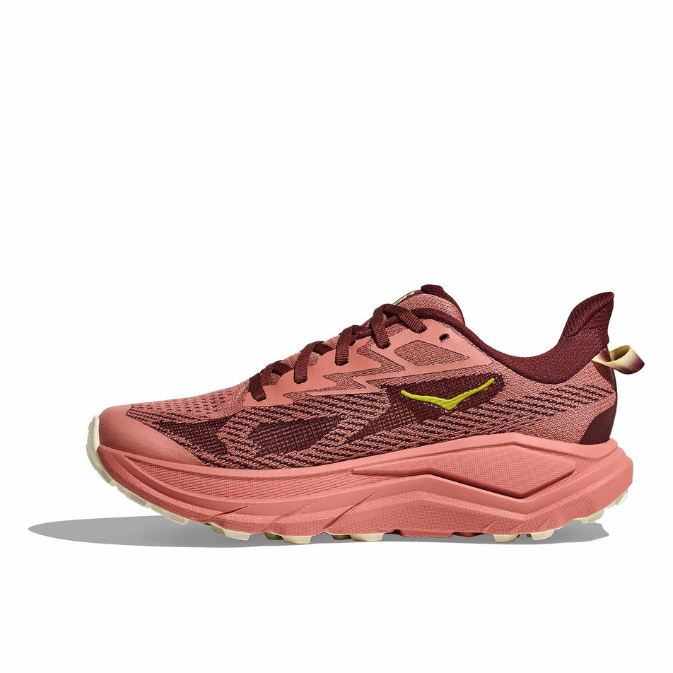 Medial view of the right shoe from a pair of HOKA Women's Challenger 8 Running Shoes in the Blush/Dark Cedar colourway. (8689379344546)