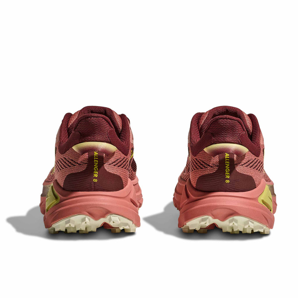 The back of a pair of HOKA Women's Challenger 8 Running Shoes in the Blush/Dark Cedar colourway. (8689379344546)