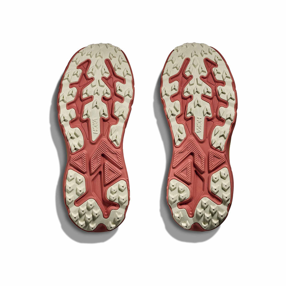 The outsoles of a pair of HOKA Women's Challenger 8 Running Shoes in the Blush/Dark Cedar colourway. (8689379344546)