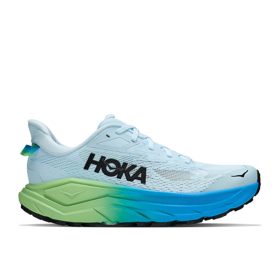 Lateral view of the right shoe from a pair of HOKA Women's Challenger 8 Running Shoes in the Glimmering Blue/Tart Apple colourway.