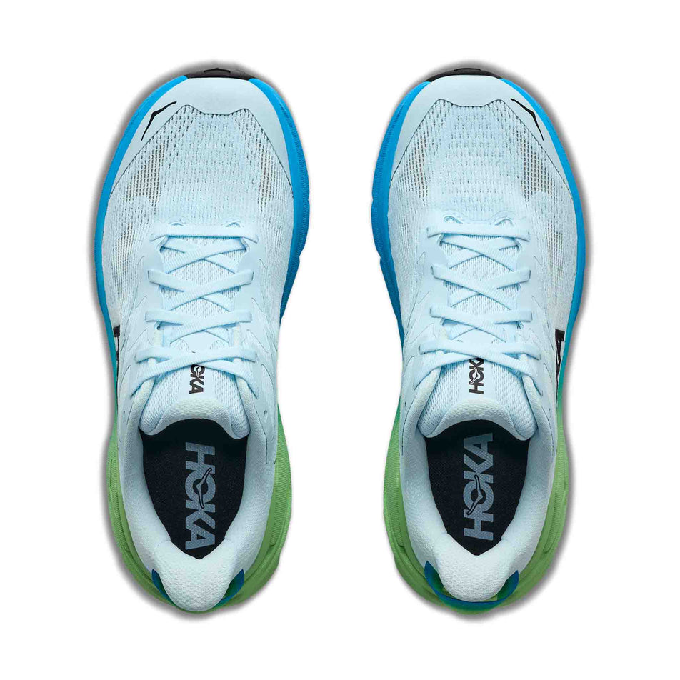 The uppers of a pair of HOKA Women's Challenger 8 Running Shoes in the Glimmering Blue/Tart Apple colourway.