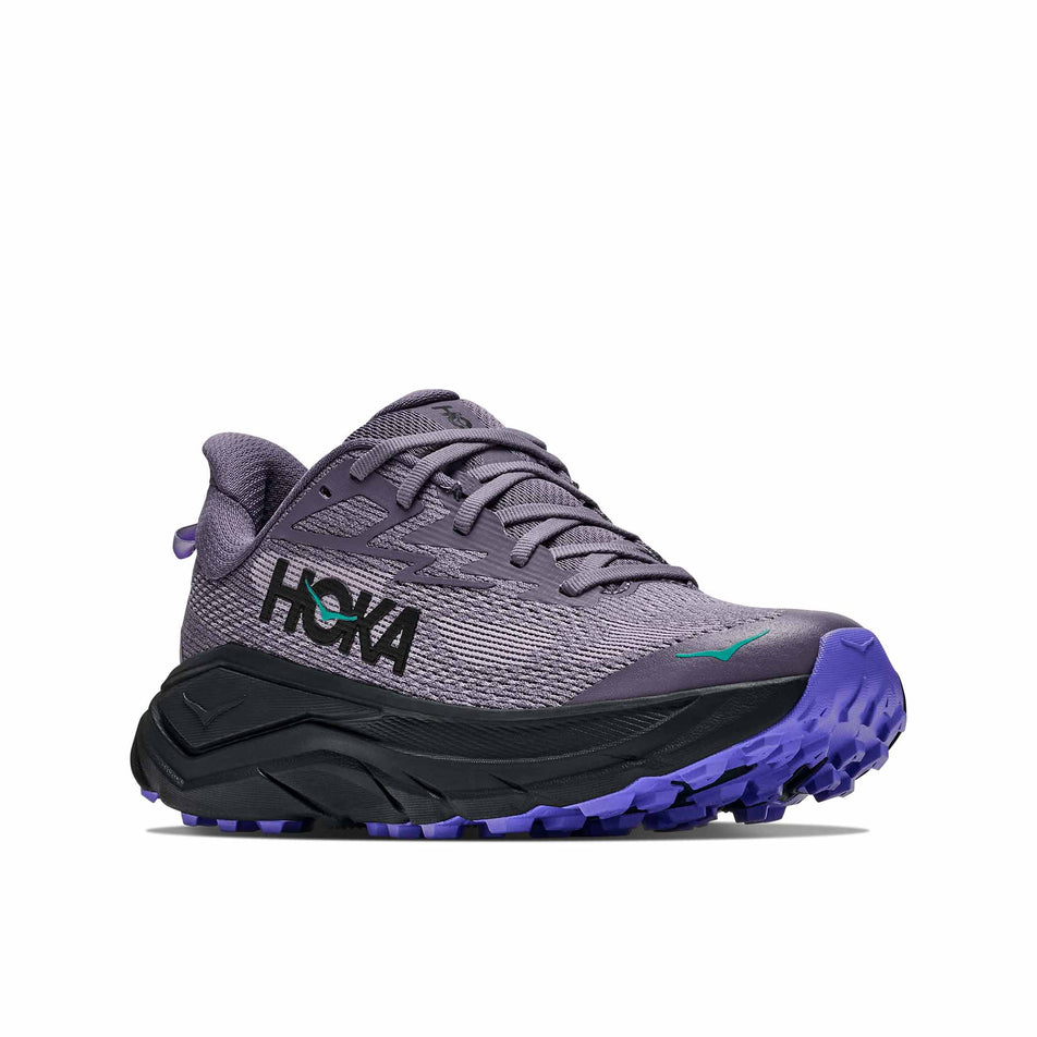 Lateral view of the right shoe from a pair of HOKA Women's Challenger 8 Trail Running Shoes in the Purple Fog/Black colourway.