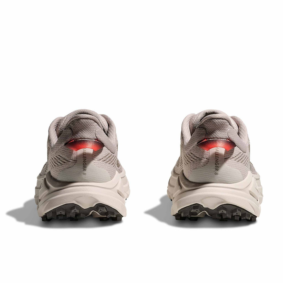 The back of a pair of HOKA Women's Challenger 8 Running Shoes in the Stucco/Asphalt Grey colourway.