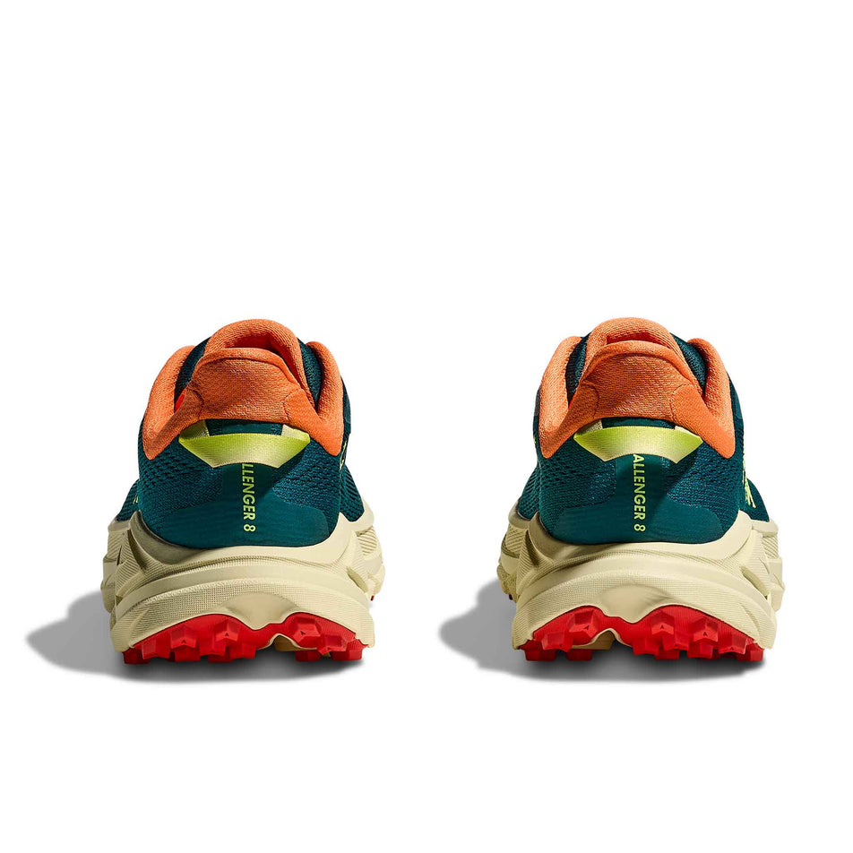The back of a pair of HOKA Women's Challenger 8 Running Shoes in the Tidal Wave/Pampas Grass colourway.