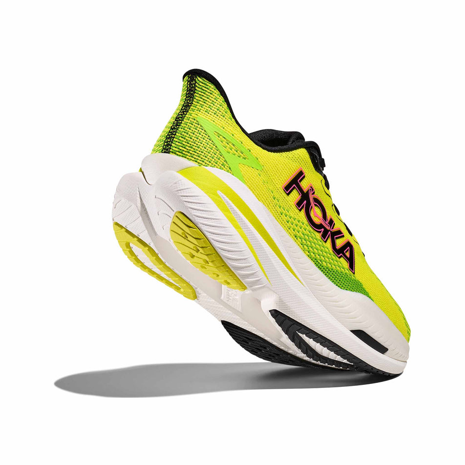 Lateral - and outsole - view of the right shoe from a pair of HOKA Men's Mach X 3 Running Shoes in the Neon Hoka Citrus/Neon Lime colourway. (8689198465186)