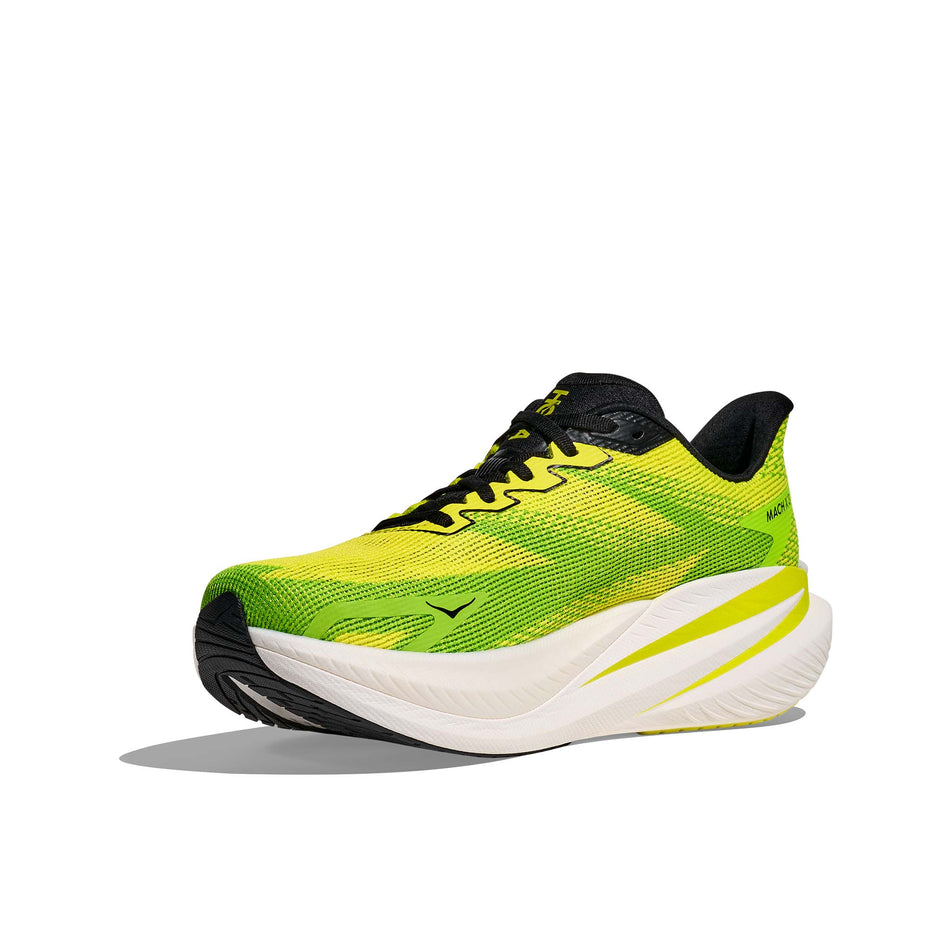 Medial view of the right shoe from a pair of HOKA Men's Mach X 3 Running Shoes in the Neon Hoka Citrus/Neon Lime colourway. (8689198465186)