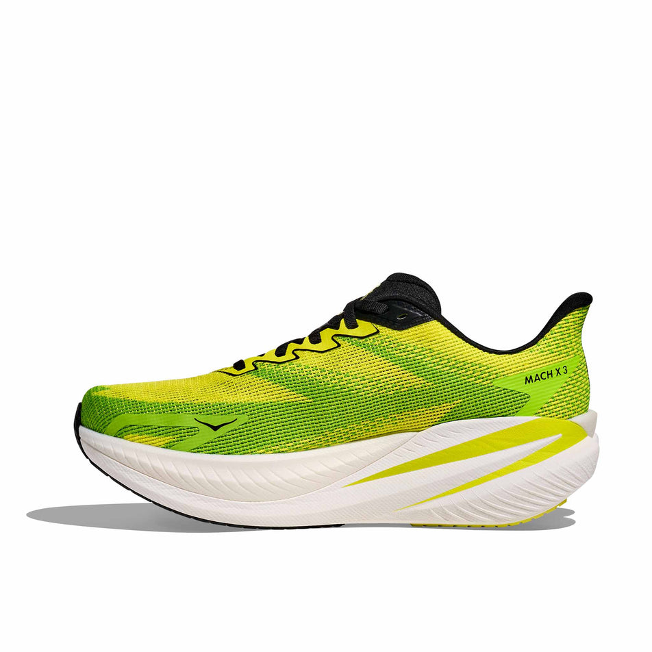 Medial view of the right shoe from a pair of HOKA Men's Mach X 3 Running Shoes in the Neon Hoka Citrus/Neon Lime colourway. (8689198465186)