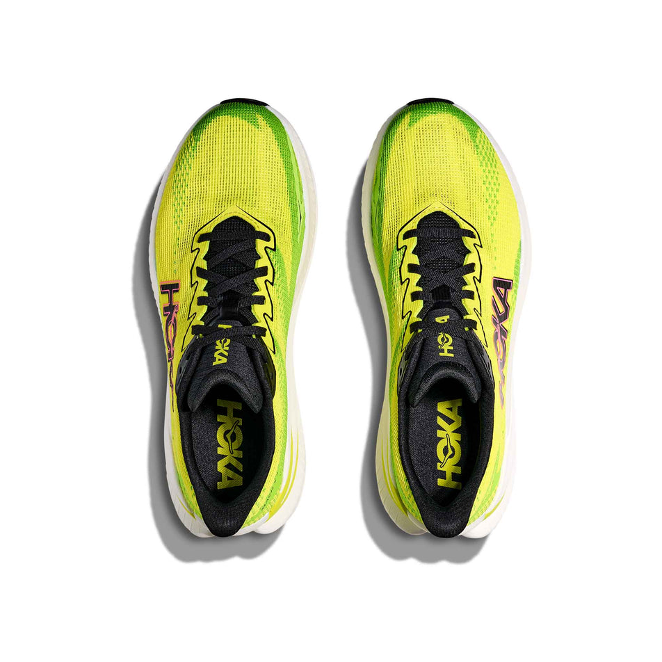 The uppers of a pair of HOKA Men's Mach X 3 Running Shoes in the Neon Hoka Citrus/Neon Lime colourway. (8689198465186)