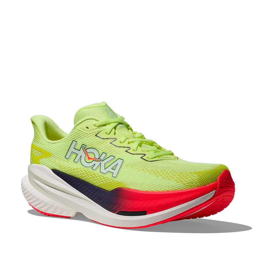 Lateral view of the right shoe from a pair of HOKA Men's Mach X 3 Running Shoes in the Neon Yuzu/Squid Ink colourway.