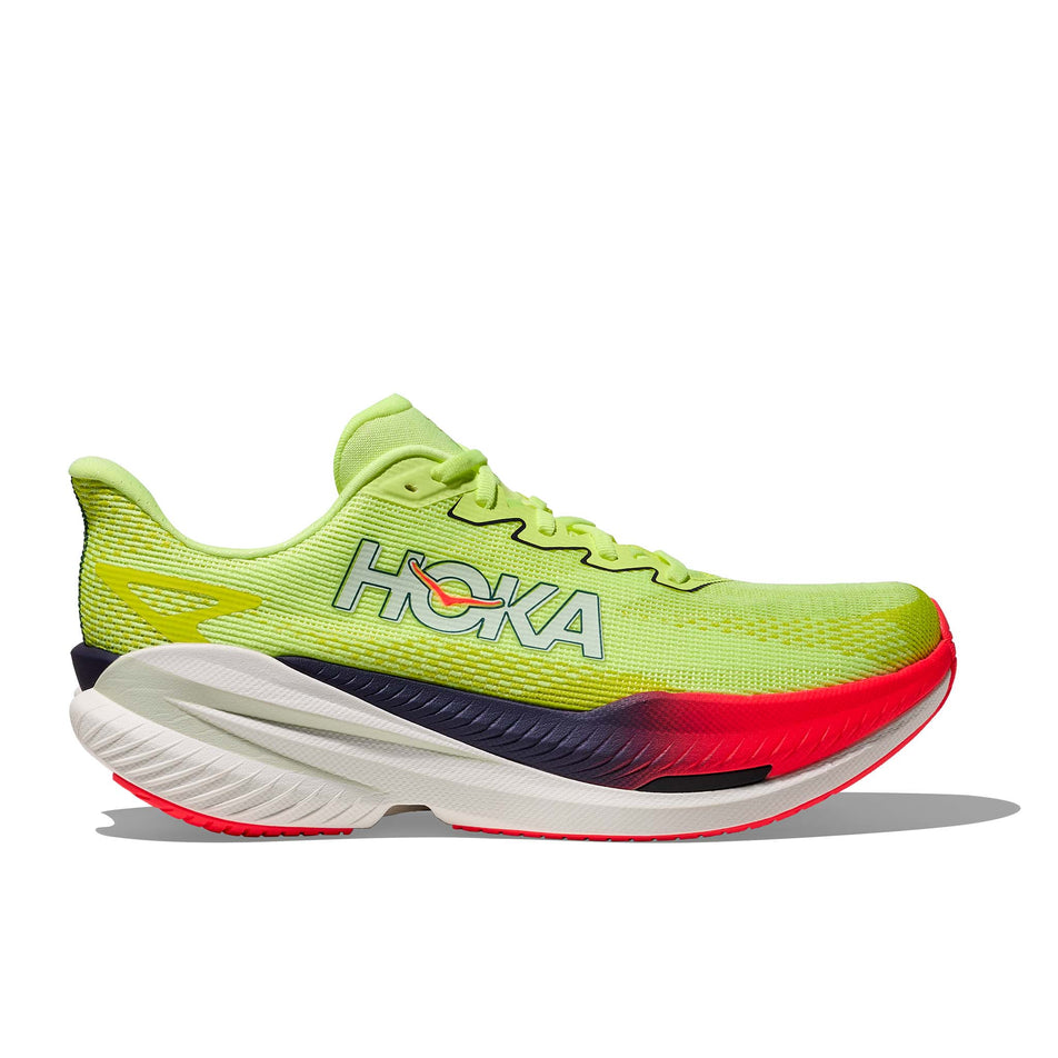 Lateral view of the right shoe from a pair of HOKA Men's Mach X 3 Running Shoes in the Neon Yuzu/Squid Ink colourway.