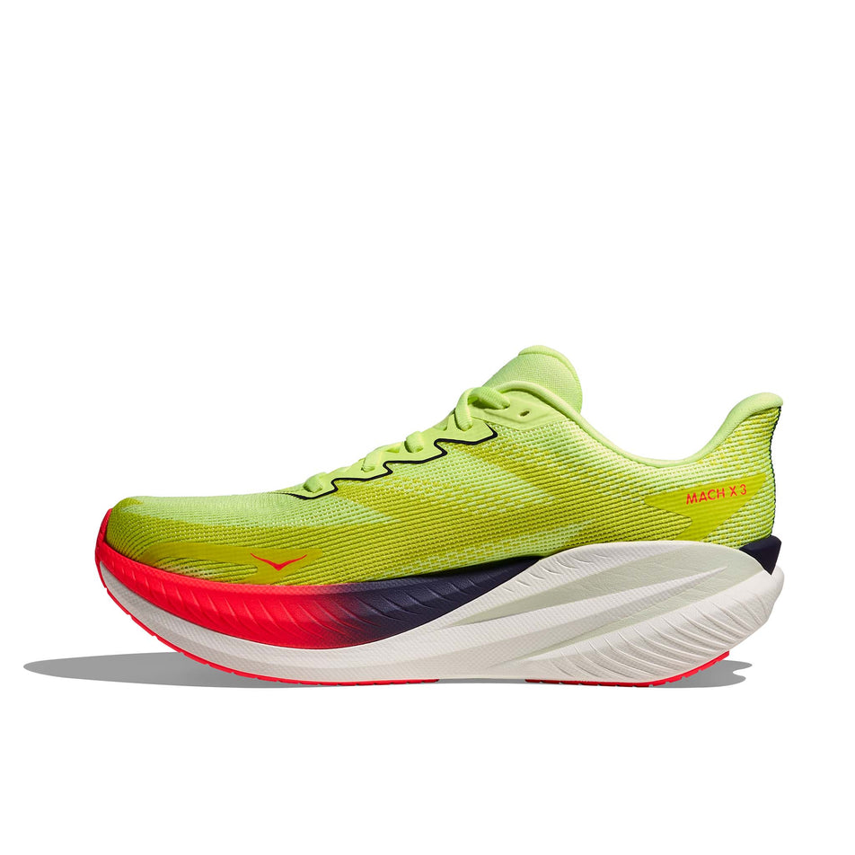 Medial view of the right shoe from a pair of HOKA Men's Mach X 3 Running Shoes in the Neon Yuzu/Squid Ink colourway.