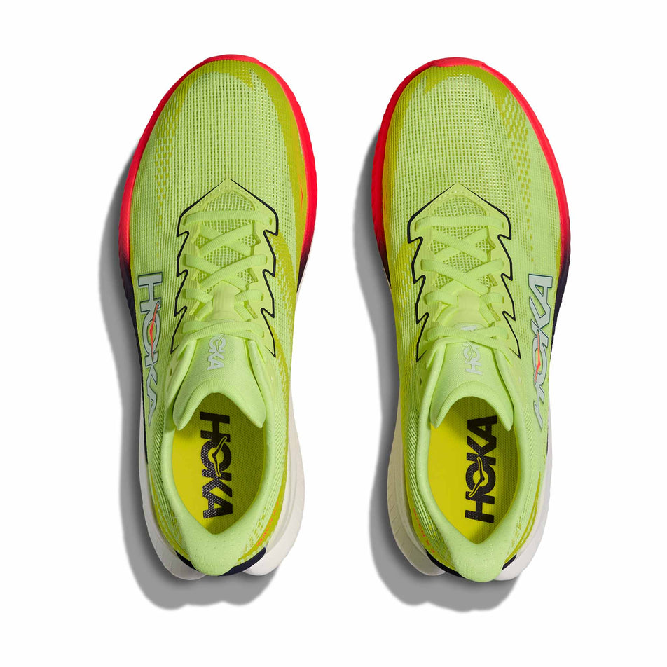 The uppers of a pair of HOKA Men's Mach X 3 Running Shoes in the Neon Yuzu/Squid Ink colourway.