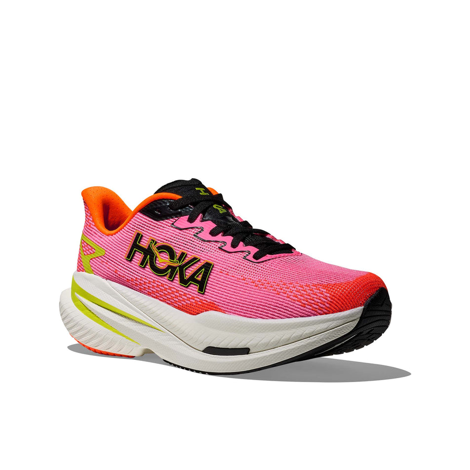 Lateral view of the right shoe from a pair of HOKA Women's Mach X 3 Running Shoes in the Neon Rose/Neon Tangerine colourway. (8689279172770)