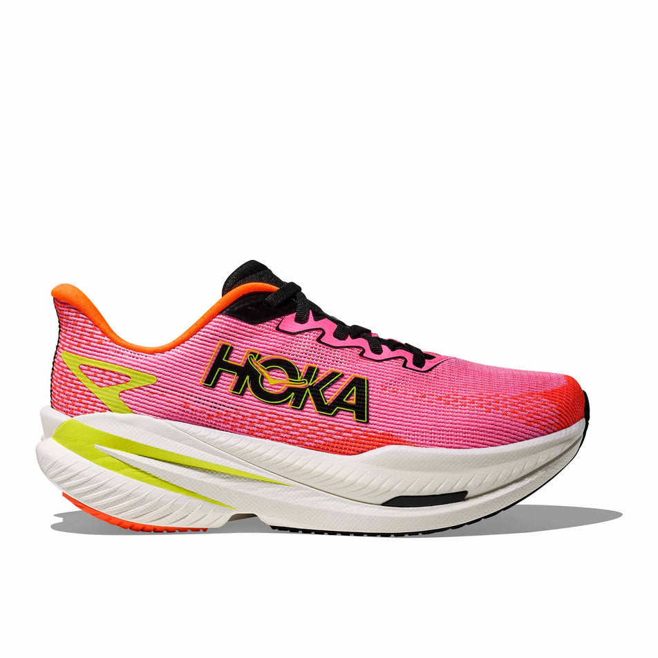 Lateral view of the right shoe from a pair of HOKA Women's Mach X 3 Running Shoes in the Neon Rose/Neon Tangerine colourway. (8689279172770)