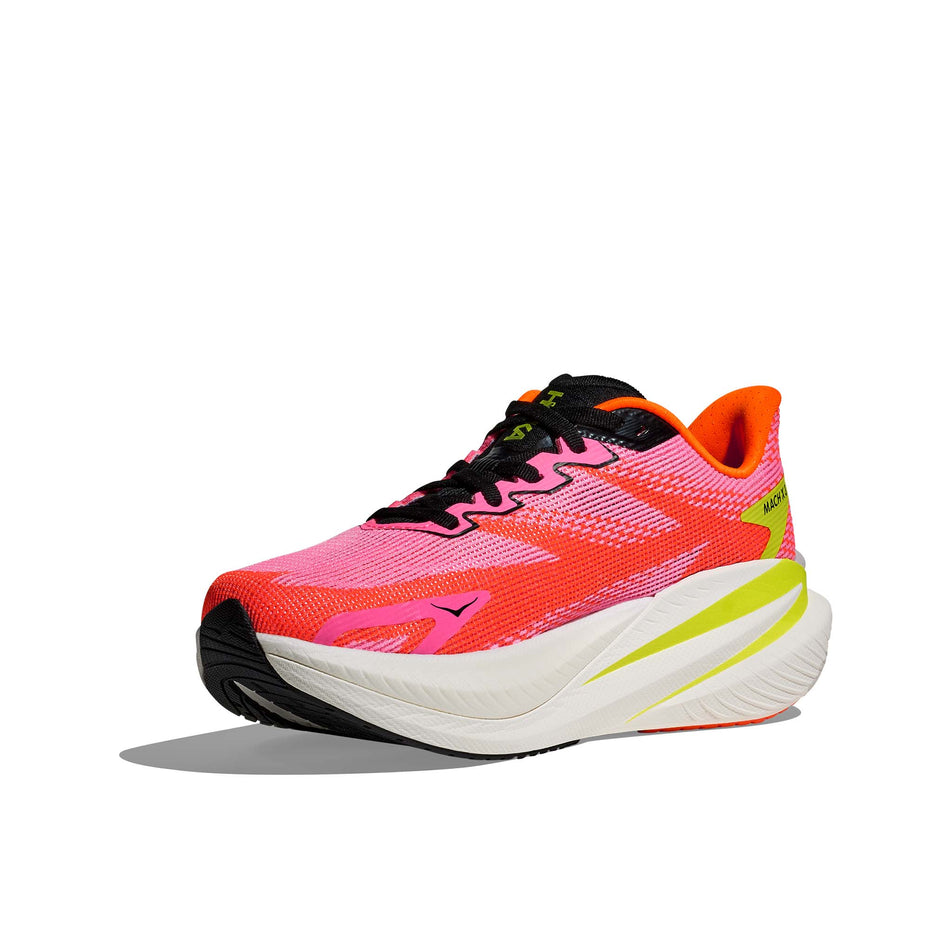 Medial view of the right shoe from a pair of HOKA Women's Mach X 3 Running Shoes in the Neon Rose/Neon Tangerine colourway. (8689279172770)