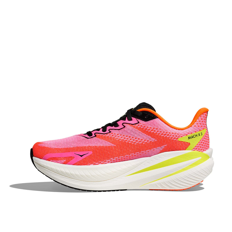 Medial a pair of HOKA Women's Mach X 3 Running Shoes in the Neon Rose/Neon Tangerine colourway. (8689279172770)