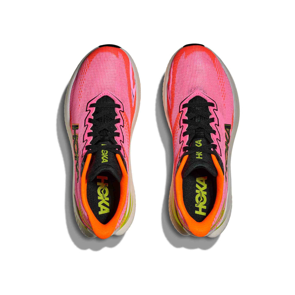 The uppers of a pair of HOKA Women's Mach X 3 Running Shoes in the Neon Rose/Neon Tangerine colourway. (8689279172770)