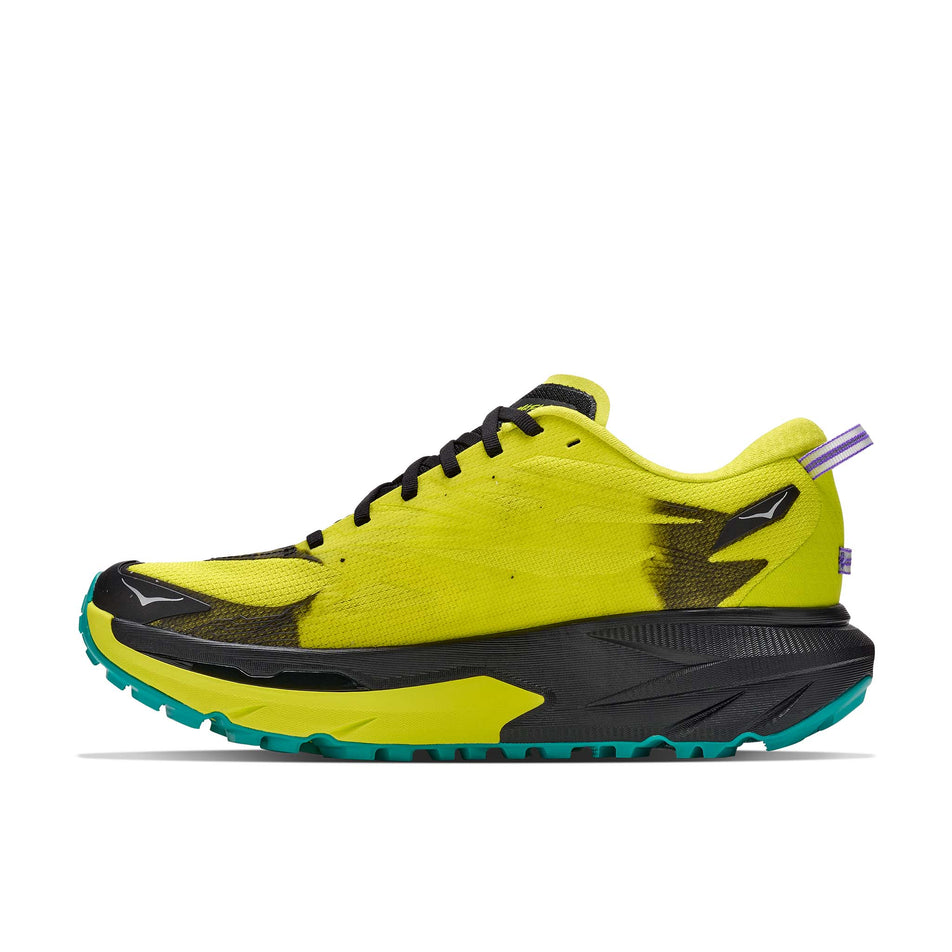 Medial view of the right shoe from a pair of HOKA Men's Mafate 5 Trail Running Shoes in the Black/Hoka Citrus colourway.