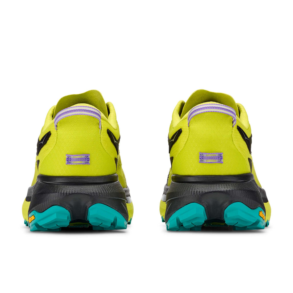 The back of a pair of HOKA Men's Mafate 5 Trail Running Shoes in the Black/Hoka Citrus colourway.
