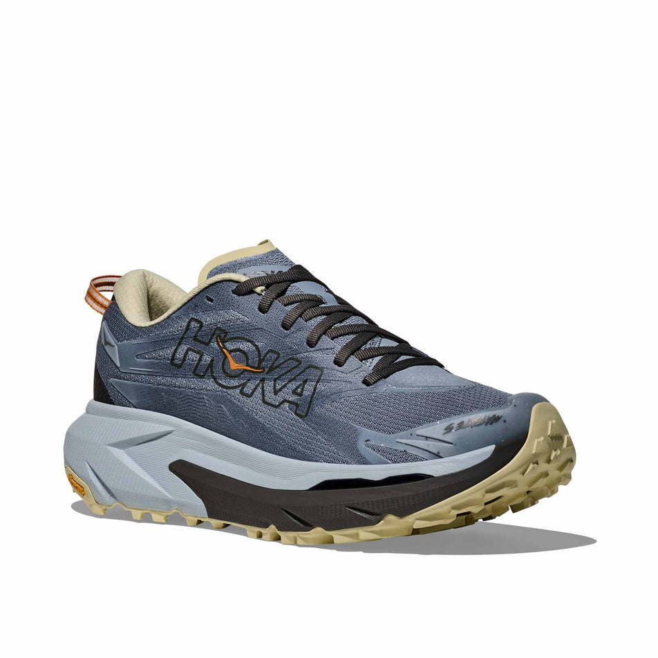 Lateral view of the right shoe from a pair of HOKA Men's Mafate 5 Running Shoes in the Mineral Blue/Washed Blue colourway.