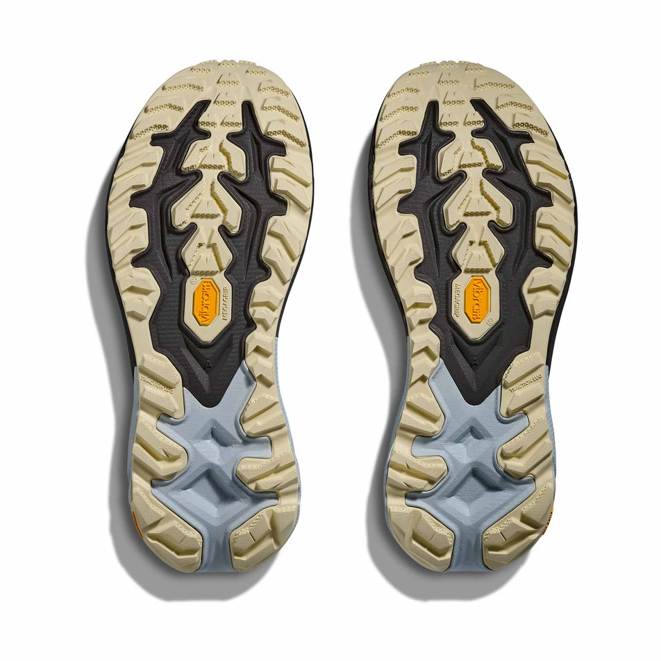 The outsoles of a pair of HOKA Men's Mafate 5 Running Shoes in the Mineral Blue/Washed Blue colourway.