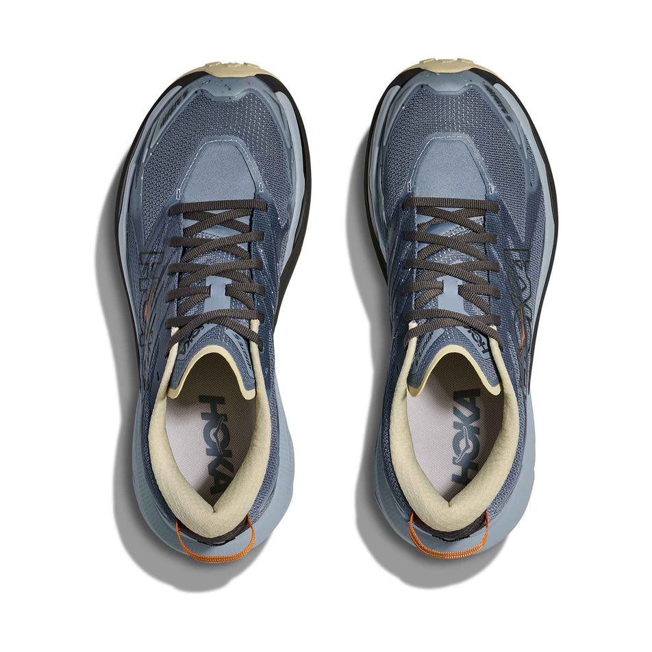 The uppers of a pair of HOKA Men's Mafate 5 Running Shoes in the Mineral Blue/Washed Blue colourway.