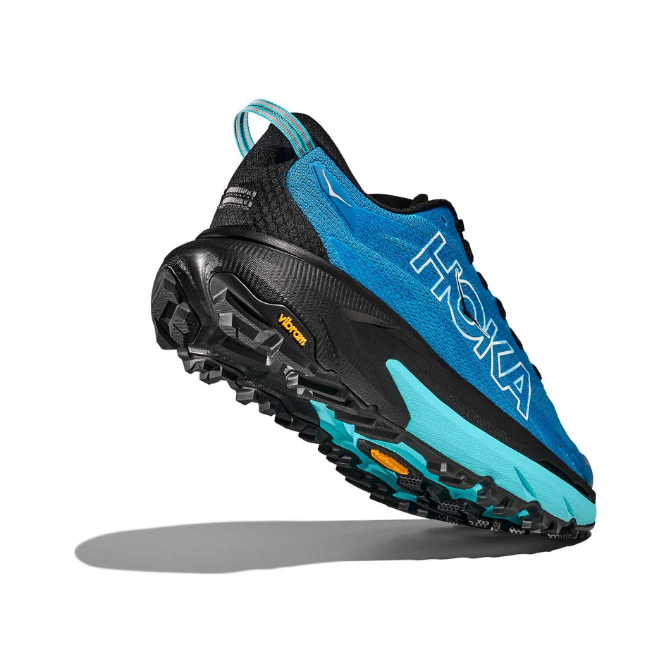 Lateral - and outsole - view of the right shoe from a pair of HOKA Men's Mafate 5 Running Shoes in the Skyward Blue/Black colourway. (8689242603682)