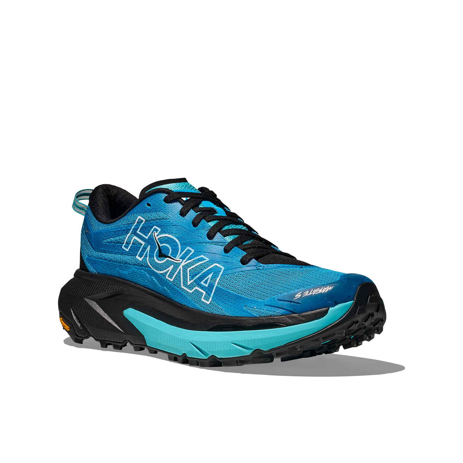 Lateral view of the right shoe from a pair of HOKA Men's Mafate 5 Running Shoes in the Skyward Blue/Black colourway. (8689242603682)