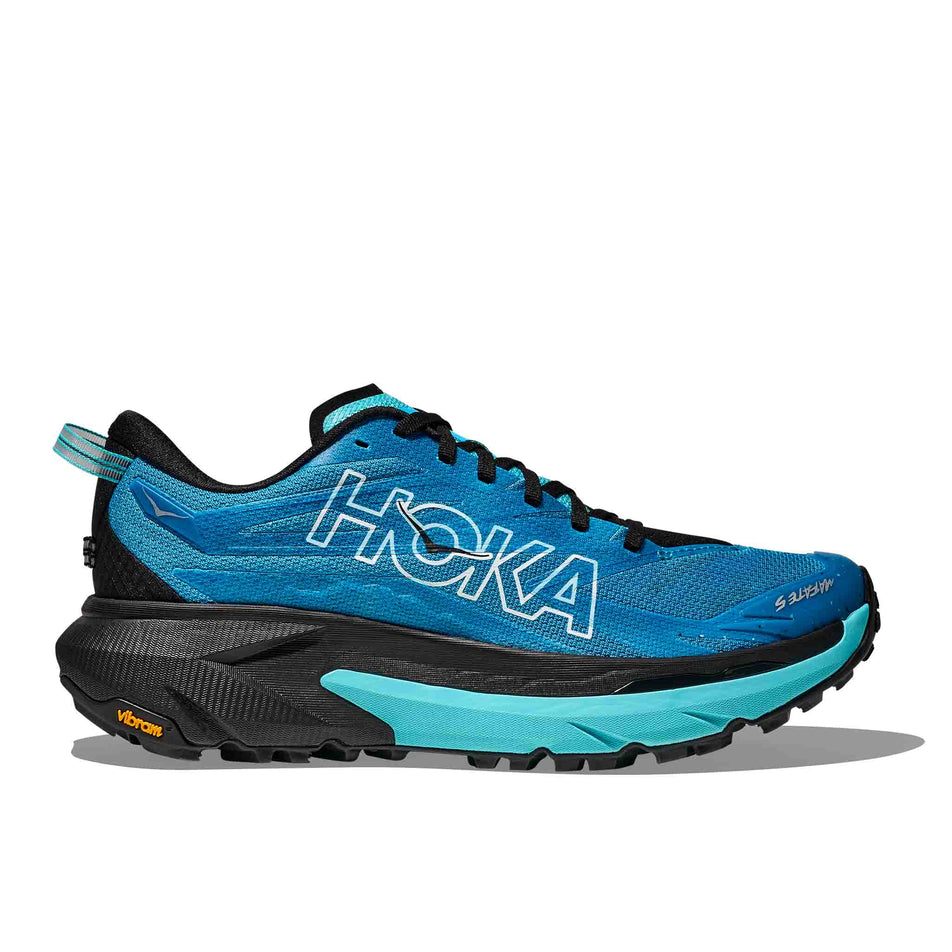 Lateral view of the right shoe from a pair of HOKA Men's Mafate 5 Running Shoes in the Skyward Blue/Black colourway. (8689242603682)