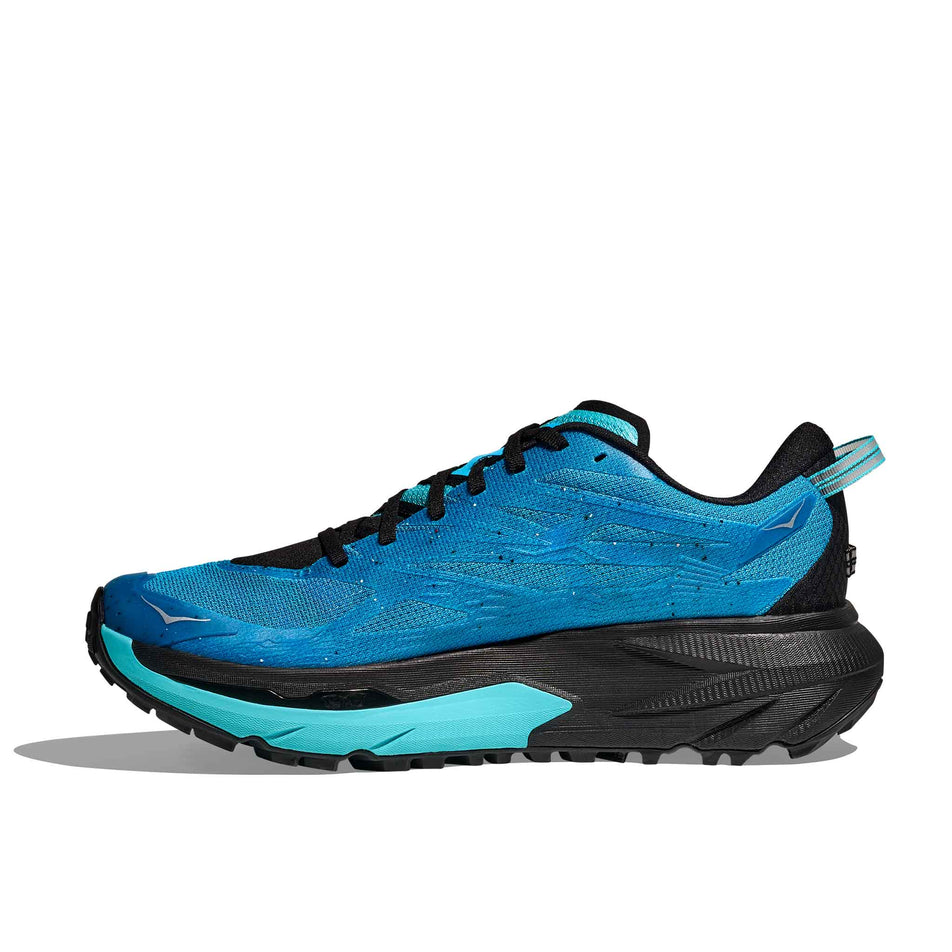 Medial view of the right shoe from a pair of HOKA Men's Mafate 5 Running Shoes in the Skyward Blue/Black colourway. (8689242603682)