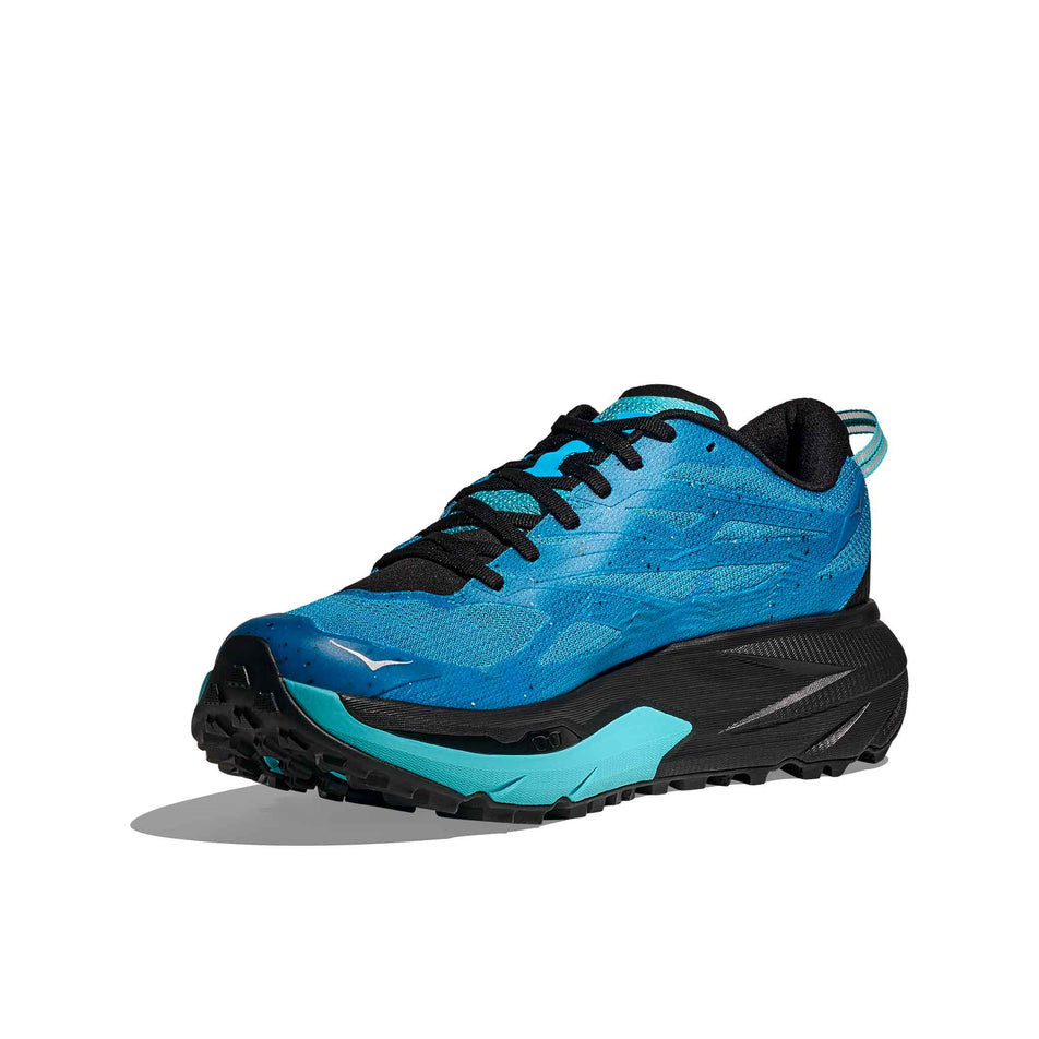 Medial view of the right shoe from a pair of HOKA Men's Mafate 5 Running Shoes in the Skyward Blue/Black colourway. (8689242603682)