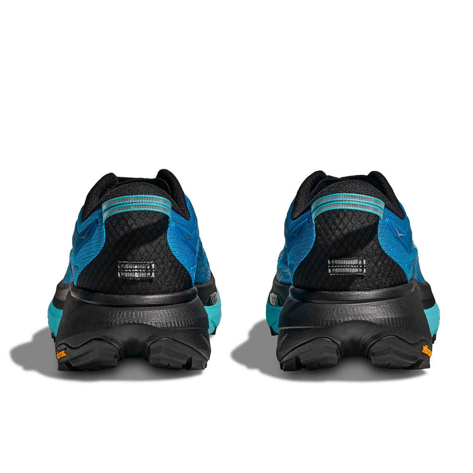 The back of a pair of HOKA Men's Mafate 5 Running Shoes in the Skyward Blue/Black colourway. (8689242603682)