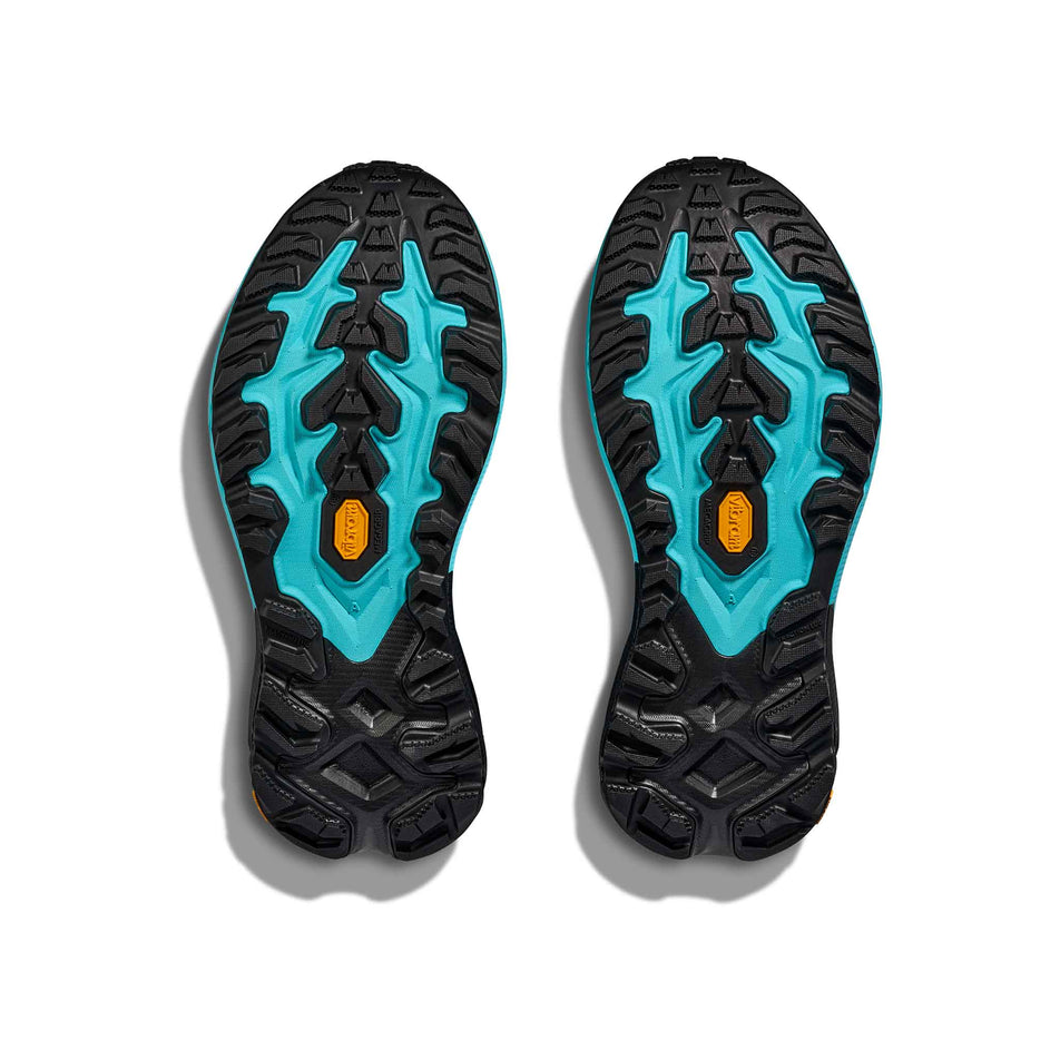 The outsoles of a pair of HOKA Men's Mafate 5 Running Shoes in the Skyward Blue/Black colourway. (8689242603682)