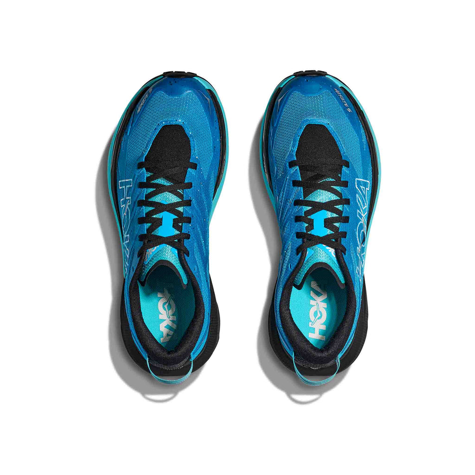 The uppers of a pair of HOKA Men's Mafate 5 Running Shoes in the Skyward Blue/Black colourway. (8689242603682)