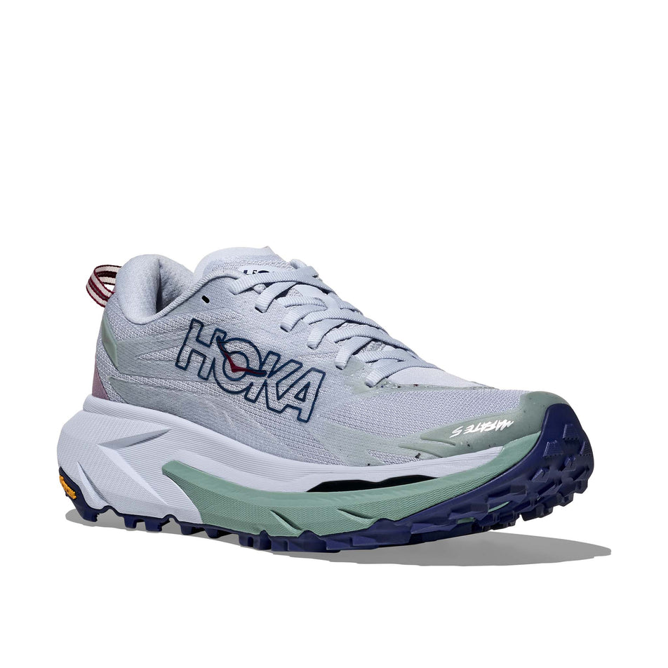 Lateral view of the right shoe from a pair of HOKA Women's Mafate 5 Running Shoes in the Ambient Blue/Rosemary colourway.