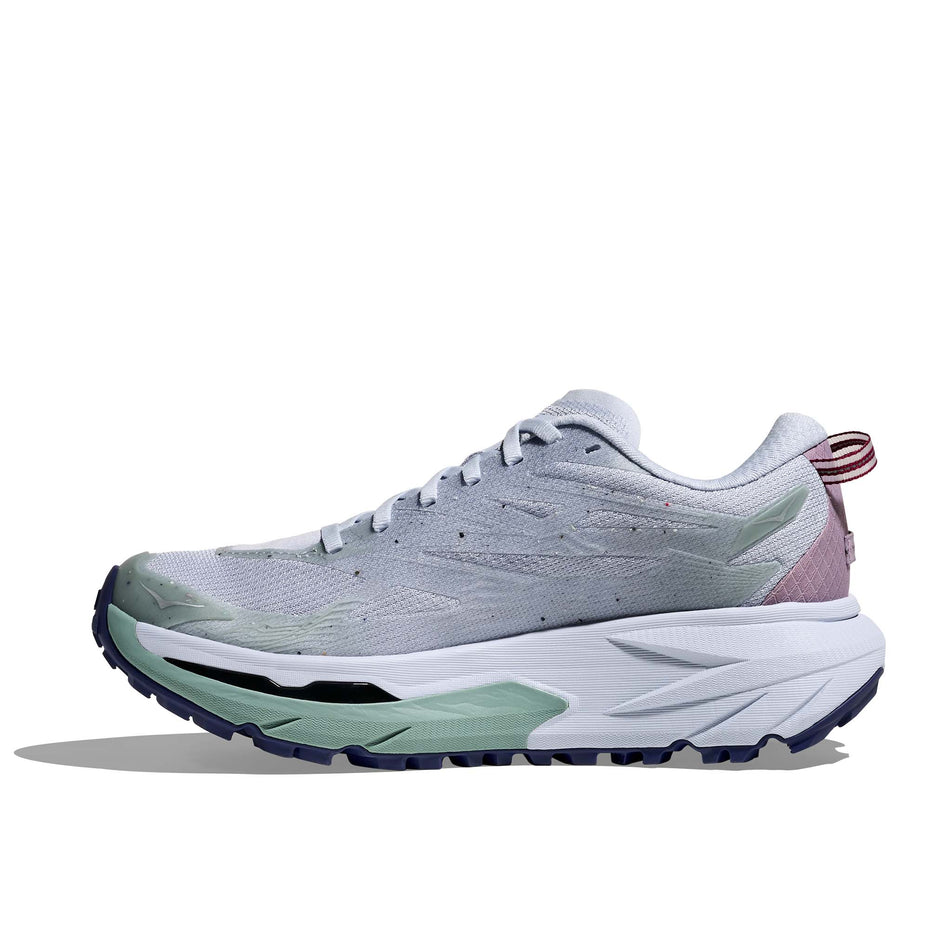 Medial view of the right shoe from a pair of HOKA Women's Mafate 5 Running Shoes in the Ambient Blue/Rosemary colourway.