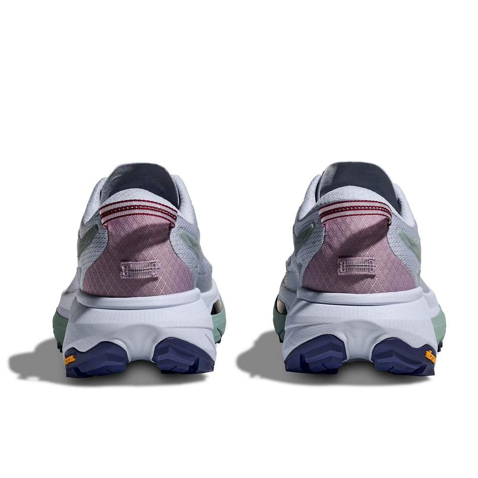 The back of a pair of HOKA Women's Mafate 5 Running Shoes in the Ambient Blue/Rosemary colourway.