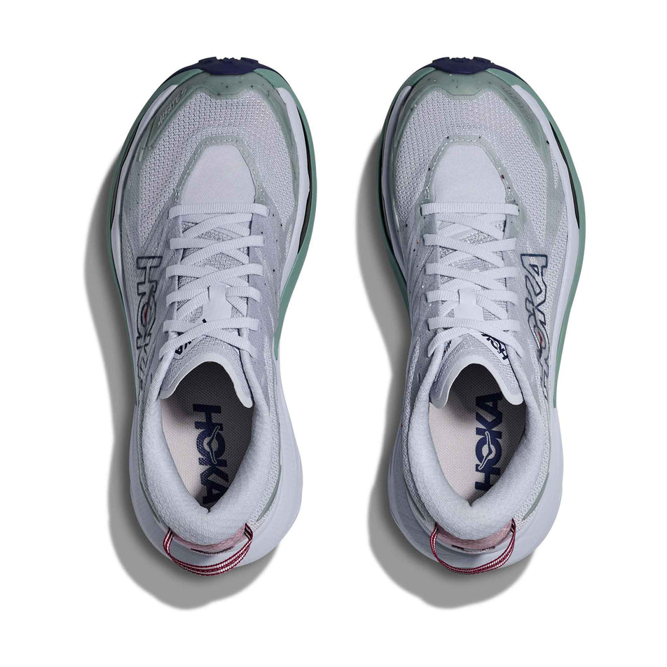 The uppers of a pair of HOKA Women's Mafate 5 Running Shoes in the Ambient Blue/Rosemary colourway.