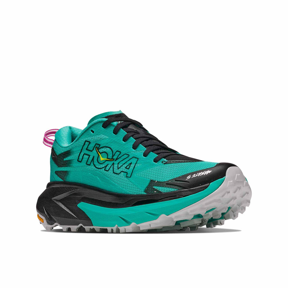 Lateral view of the right shoe from a pair of HOKA Women's Mafate 5 Trail Running Shoes in the Black/Electric Aqua colourway.