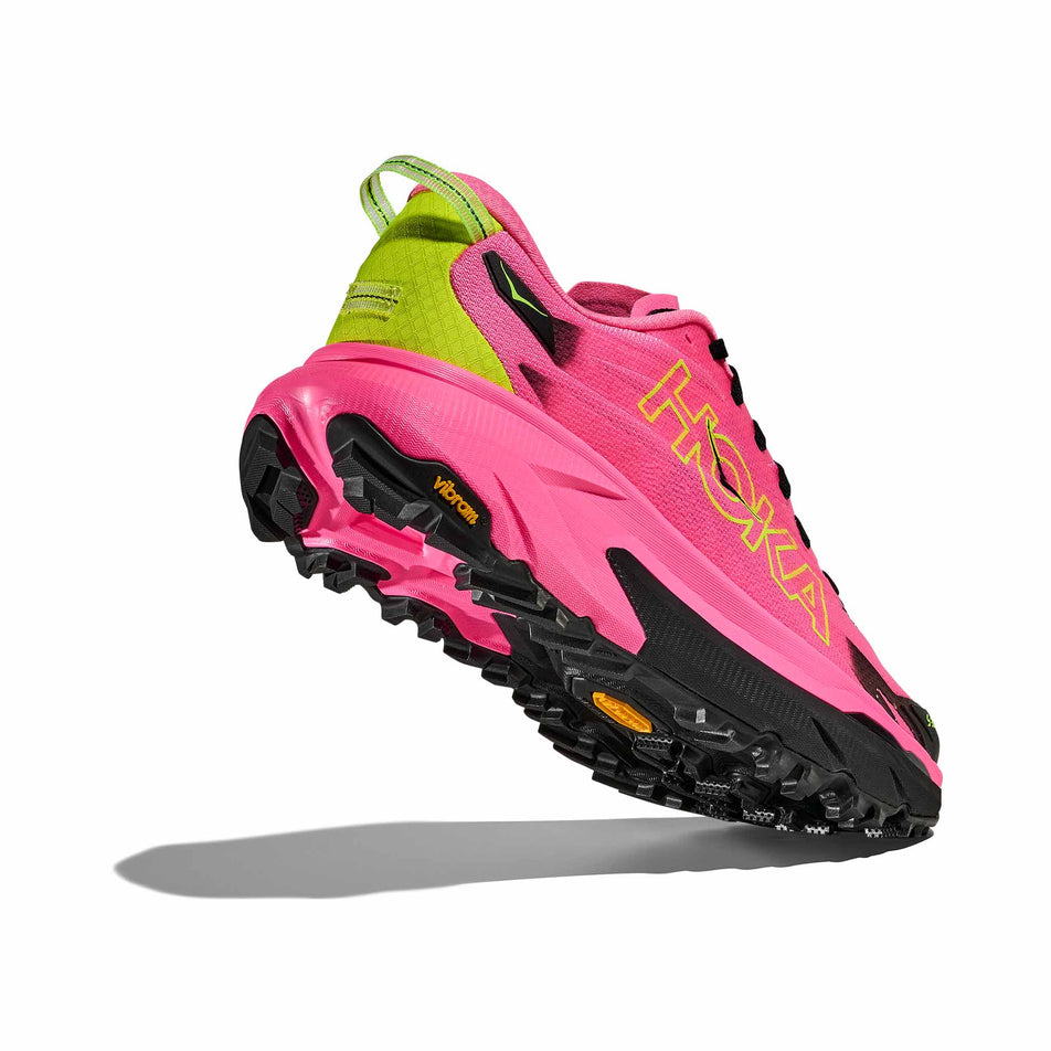 Lateral - and outsole - view of the right shoe from a pair of HOKA Women's Mafate 5 Running Shoes in the Neon Rose/Black colourway. (8689332519074)