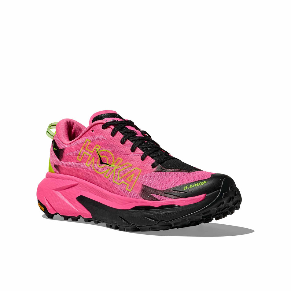 Lateral view of the right shoe from a pair of HOKA Women's Mafate 5 Running Shoes in the Neon Rose/Black colourway. (8689332519074)