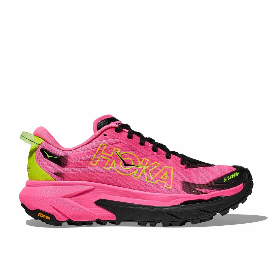 Lateral view of the right shoe from a pair of HOKA Women's Mafate 5 Running Shoes in the Neon Rose/Black colourway. (8689332519074)