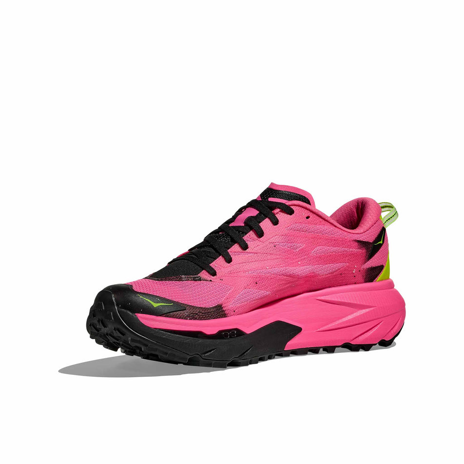 Medial view of the right shoe from a pair of HOKA Women's Mafate 5 Running Shoes in the Neon Rose/Black colourway. (8689332519074)