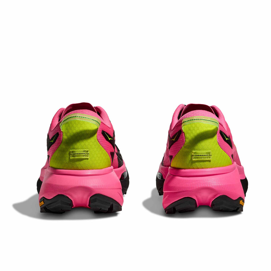 The back of a pair of HOKA Women's Mafate 5 Running Shoes in the Neon Rose/Black colourway. (8689332519074)