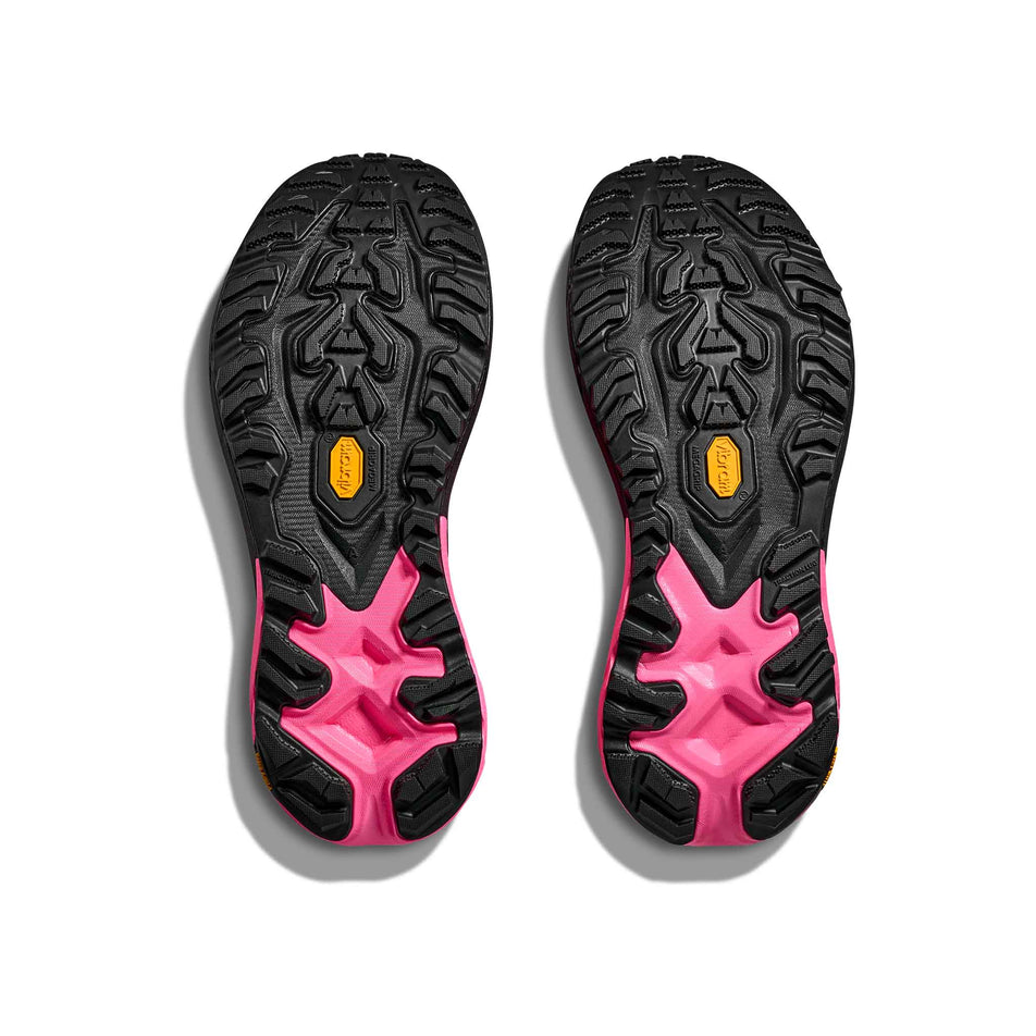 The outsoles of a pair of HOKA Women's Mafate 5 Running Shoes in the Neon Rose/Black colourway. (8689332519074)