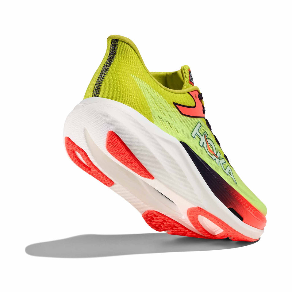 Lateral - and outsole - view of the right shoe from a pair HOKA Unisex Rocket X 3 Running Shoes in the Neon Yuzu/Squid Ink colourway.