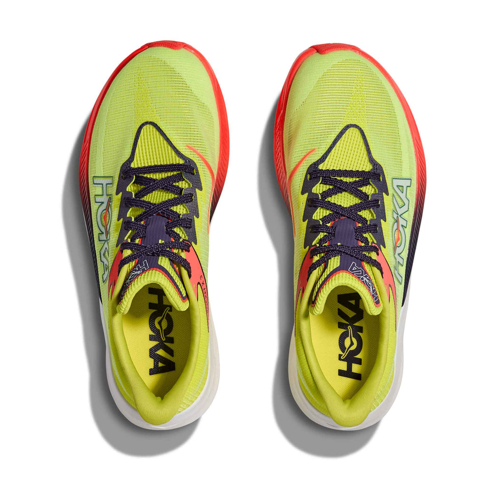 The uppers of a pair HOKA Unisex Rocket X 3 Running Shoes in the Neon Yuzu/Squid Ink colourway.