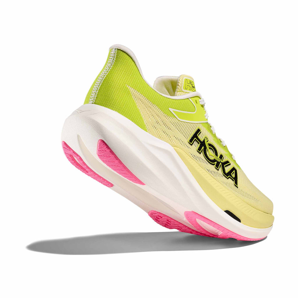 Lateral - and outsole - view of the right shoe from a pair of HOKA Unisex Rocket X 3 Running Shoes in the Sunlight/Neon Hoka Citrus colourway. (8689390059682)