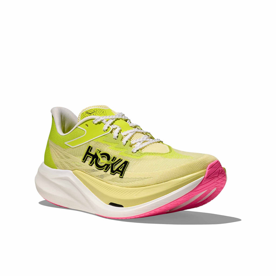 Lateral view of the right shoe from a pair of HOKA Unisex Rocket X 3 Running Shoes in the Sunlight/Neon Hoka Citrus colourway. (8689390059682)